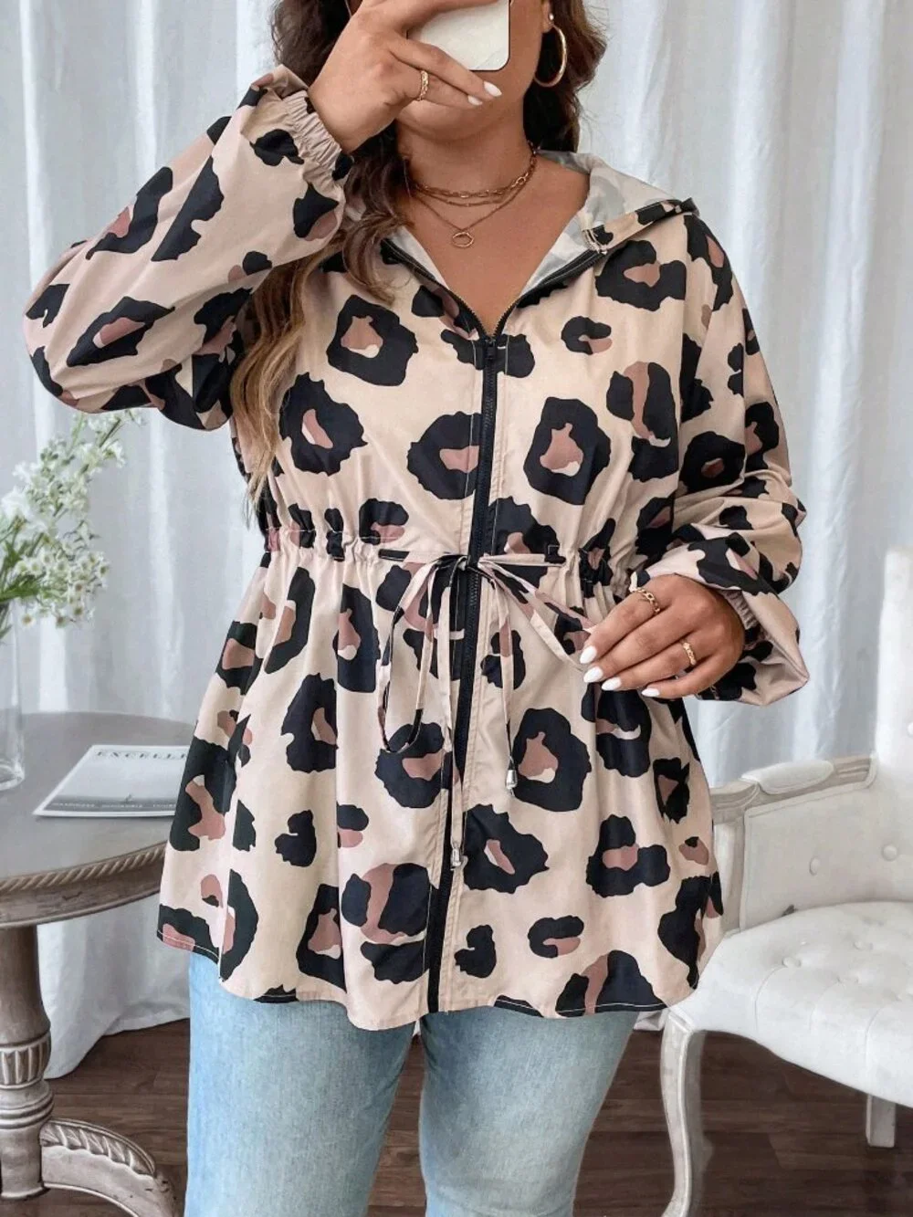 Multicolor Casual Women's Loose Fit Drawstring Pocket Zipper Hooded Jacket